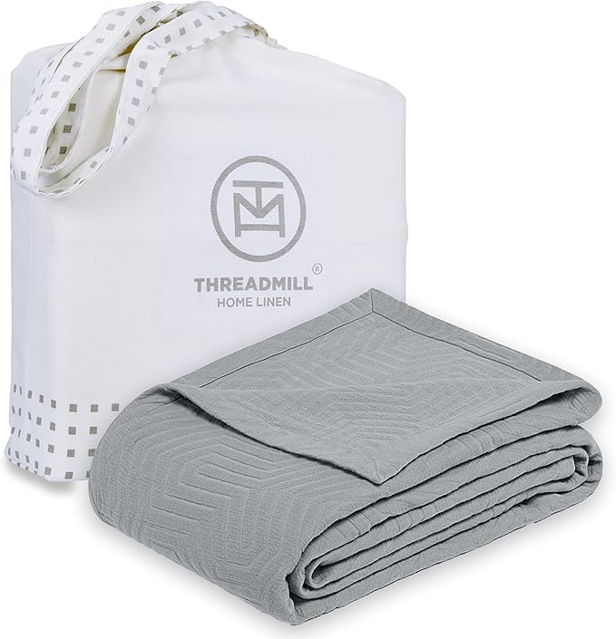 Threadmill Luxury Cotton Blankets for King Size Bed | All-Season Cozy 100% Cotton Blanket | Aster Jacquard Soft & Lightweight Coverlet fits California King Size Bed, 104x92 | Scottish Grey