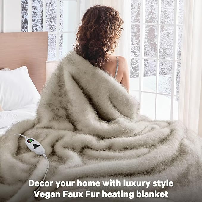 Heated Electric Blanket Throw,Octrot 50"X60" Faux Fur Heating Blanket Luxury Christmas Gifts Heavy Plush with 10 Heats Levels & 8 Hours Auto Off,Super Cozy Warm Fuzzy,Fluffy Decor Winter Warming,Beige