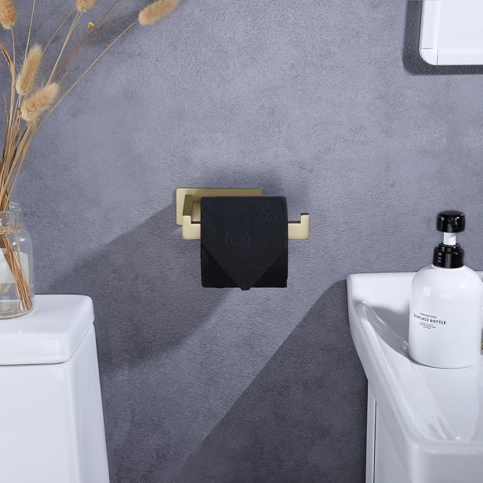 LANC Self-Adhesive Toilet Tissue Roll Holder, Brushed Gold Paper Holder Wall Mounted for Bathroom RV Stick On Toilet Tissue Holder with Drill Free Rustproof Stainless Steel, A8307BG