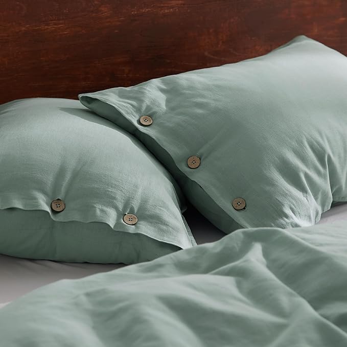Bedsure Linen Duvet Cover Queen - Linen Cotton Blend Bedding Set, Soft & Cozy, 3 Pieces, 1 Duvet Cover 90x90 Inches and 2 Pillowcases, Sage Green Color Cooling Bedding, Comforter Sold Separately