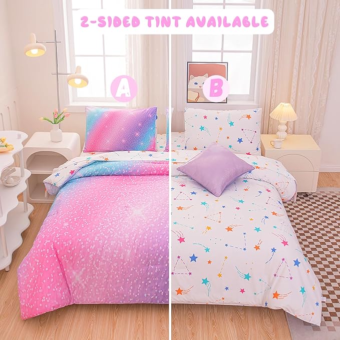 Rainbow Bedding Set Twin Size – 6-Piece Reversible Girls Comforter with Deep-Pocket Sheet, Gradient Galaxy Design, Whole-Piece Filling, Machine Washable Bed-in-a-Bag for Kids Room Makeover & Gifts