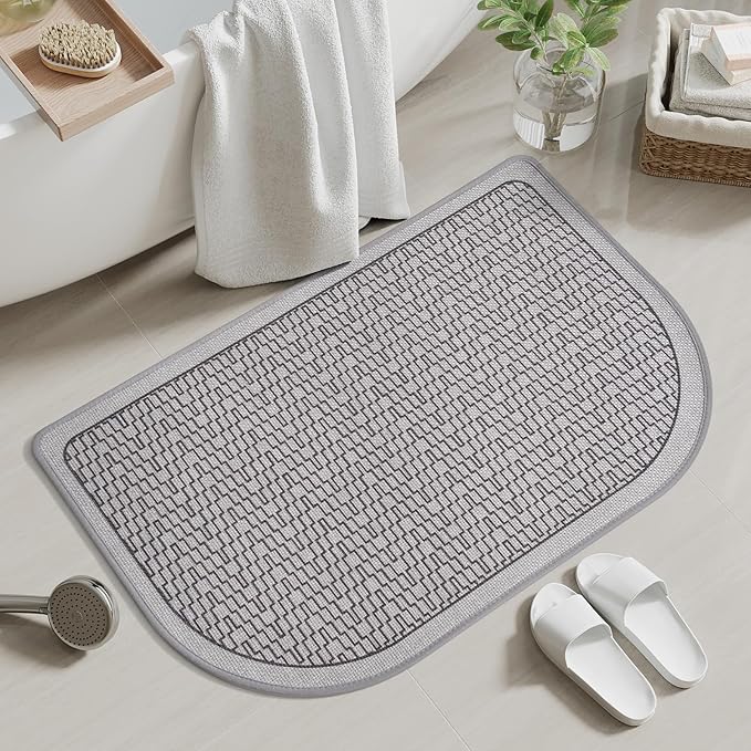 Ultra Thin Bathroom Rugs Mat Quick Dry Absorbent Non Slip Bath Mat Bath Mats for Bathtub Mat Bathroom Carpet Fit Under Door Woven Washable Floor Rubber Half Round Bath Rugs Grey 16x24