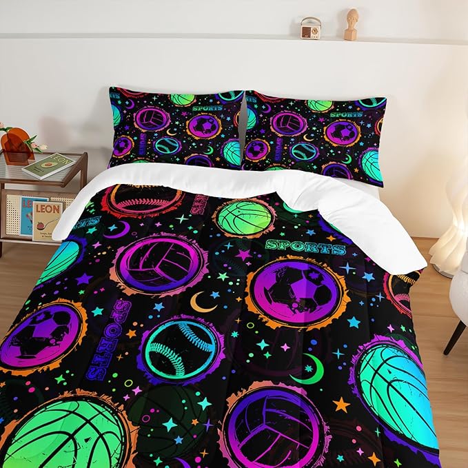 Ball Games Bedding Basketball Football Baseball Queen Comforter Set,Colorful Neon Stars and Moon Bedding Set for Kids Girls Boys Room Decor,Sports Aesthetic Bedding Sets with 2 Pillowcases.