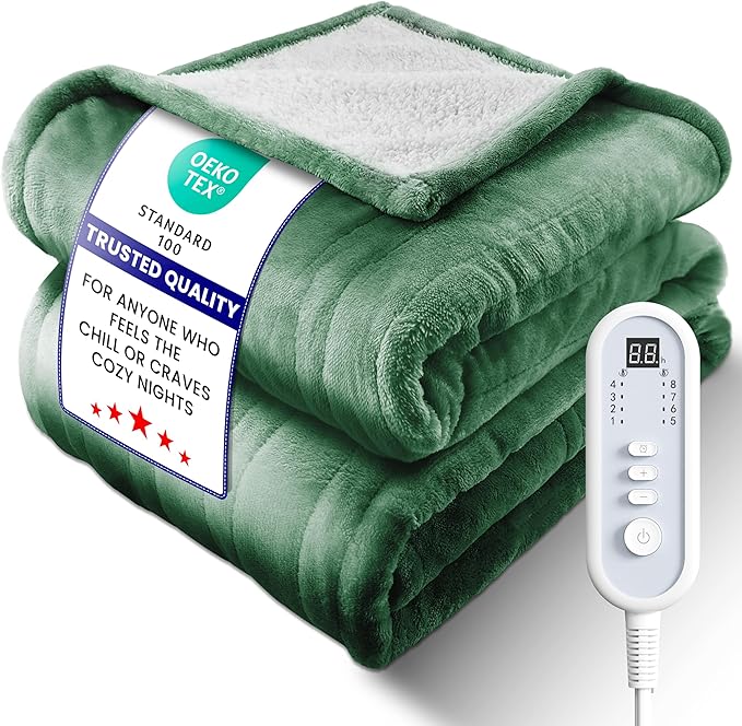 Electric Heated Blanket Full, Ultra‑Cozy Premium Flannel & Sherpa, Even Heat Distribution & Stable Temp, 1–10H Auto‑Off, 8 Temps (86–125.6°F), Overheat Protection, Ideal Gifts for Grandma