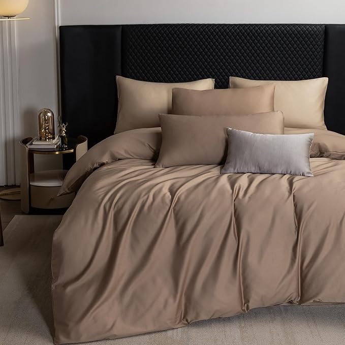 MooMee Duvet Cover Set 100% Extra Long Staple Cotton 600 Thread Count Silky Sateen Smooth Luxury Soft Breathable Durable Hotel Quality Bedding, 3 Pieces (Brown, Queen 90"x90")