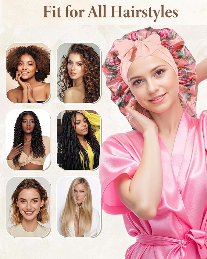 AWAYTR Long Satin Bonnet for Sleeping, Reversible Double Layer Hair Bonnet with Elastic Tie Band (Floral Print+Peach Pink)