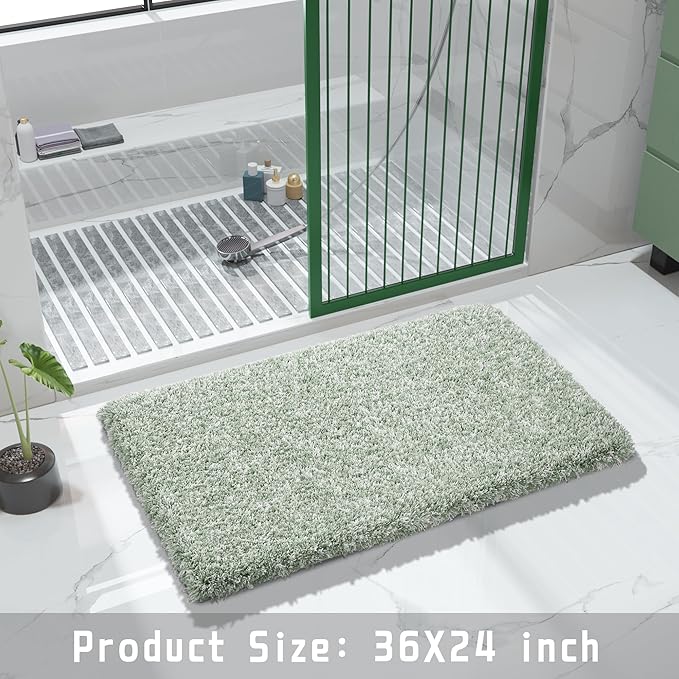 Yimobra Light Green and White Bathroom Rugs Non Slip Washable 36x24, Ultra Soft and Water Absorbent Bath Mats, Plush Fluffy Shower Mat Outside, Luxury Microfiber Thick Matts for Bathroom Floor/Tub