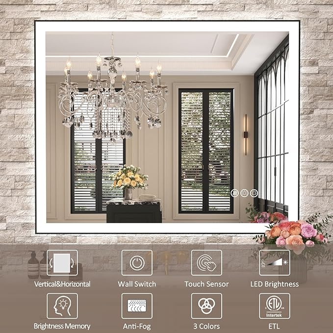 Amorho 36"x 36" LED Bathroom Mirror with Black Frame, Front Light and Backlit(Controlled Separately), Stepless Dimmable, Anti-Fog, Shatter-Proof, 3 Colors, Memory