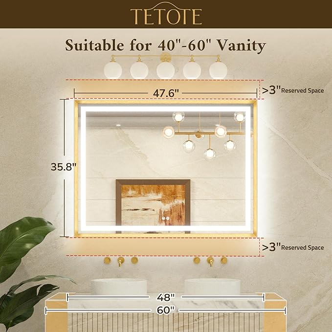 TETOTE 48 x 36 Bathroom LED Mirror Brushed Nickel Metal Frame Frontlit & Backlit Vanity Mirror Stepless Dimmable Anti-Fog 3 Colors White/Warm/Natural Light up Vanity Wall-Mounted