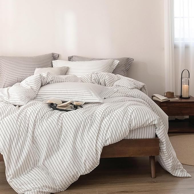 Stripe Duvet Cover Oversized King Size 120inch x 98inch, 100% Washed Cotton Linen Feel Duvet Cover with Zipper Closure and 2 Pillowcases, Color of White-Dark Grey Stripe