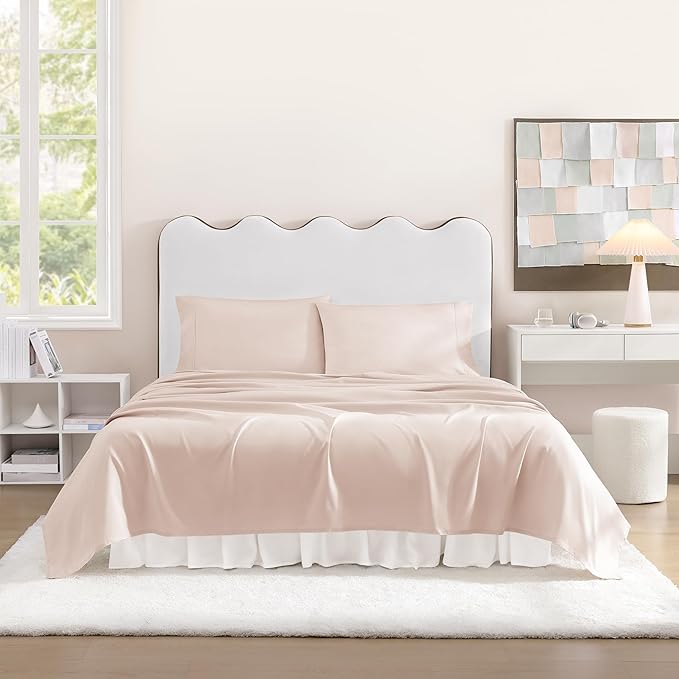 UGG Full XL Sheet Set 4-Piece Luxury Cooling Sheets Deep Pockets Premium Bedding with 2 Pillow Shams Machine Washable, for Dorm Essentials & College Bedding, Full XL, Shell Pink (Hedi)