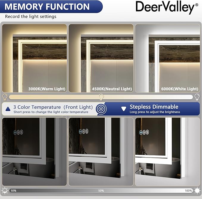 DeerValley LED Bathroom Mirror, 40" x 32" RGB Front and Backlit Wall Mounted Bathroom Vanity Mirror, Anti-Fog, 3 Colors Dimmable, Shatterproof, Tempered Glass, Memory Function (Horizontal/Vertical)