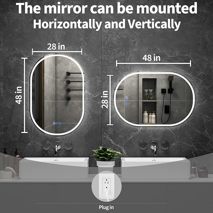 Bathroom Mirror 28"x48" LED Bathroom Mirror with Lights, Anti-Fog, Dimmable Oval Mirrors with Front Light and Backlit, Modern Farmhouse Wall Mounted Mirror for Decorative