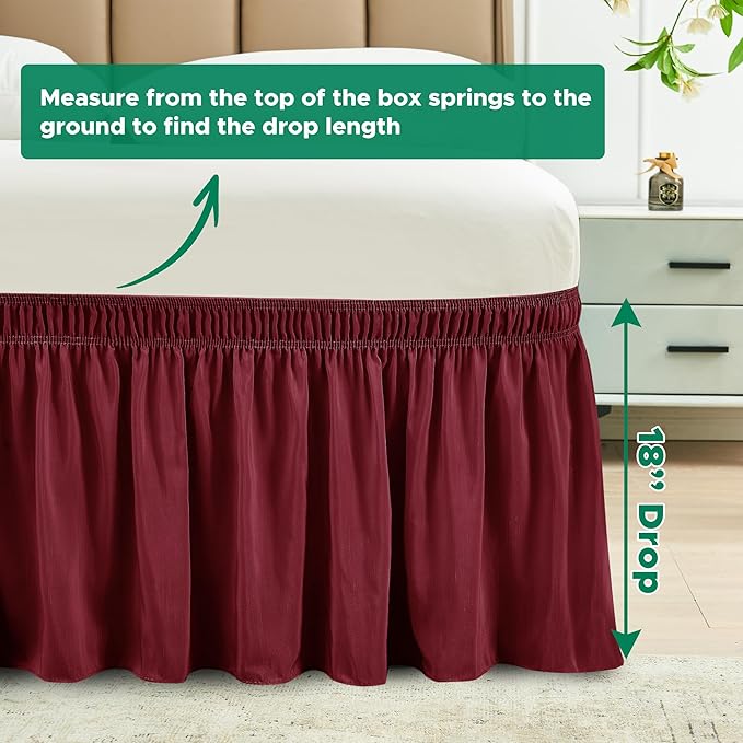 Biscaynebay Wrap Around Bed Skirts for King & Cal King Beds 18" Drop, Burgundy Adjustable Elastic Dust Ruffles Easy Fit Wrinkle Resistant Silky Luxurious Fabric Machine Washable