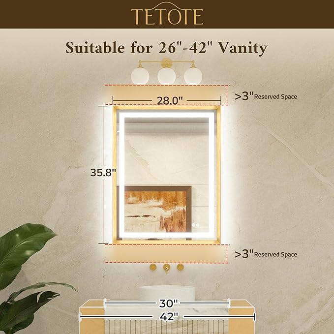 TETOTE 28 x 36 Bathroom LED Mirror Brushed Nickel Metal Frame Frontlit & Backlit Vanity Anti-Fog Stepless Dimmable 3 Colors White/Warm/Natural Mirror with Lights Wall-Mounted