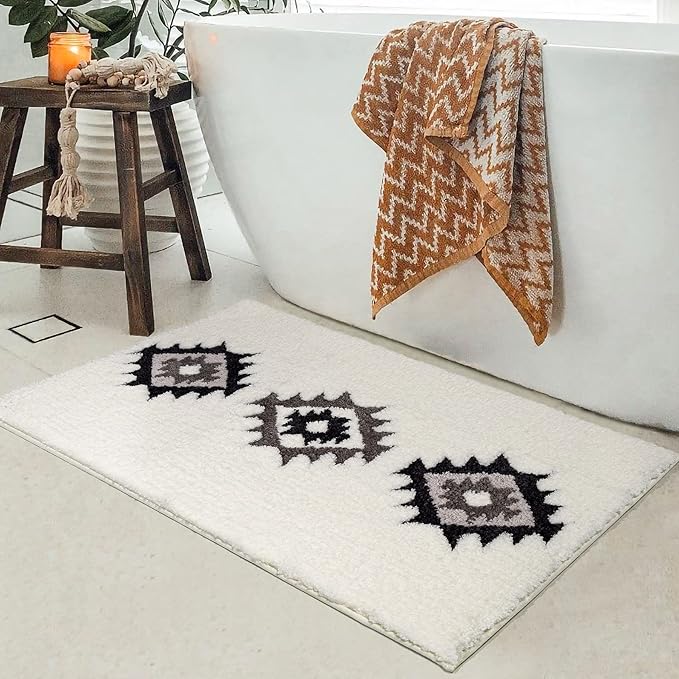 DEXDE Bathroom Rugs Black 24x36 Boho White Bath Mat, Non Slip Western Geometric Bath Rug Luxury Soft Modern Absorbent Carpet for Bathroom Shower Kitchen Entryway Farmhouse