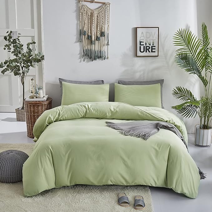 KAREVER Light Green Comforter Set King Solid Sage Green Bedding Set Lightweight Women Soft Light Mint Green Blanket 3 PCs Durable Comforter Set King Men Breathable Sage Green Bed Comforter Set
