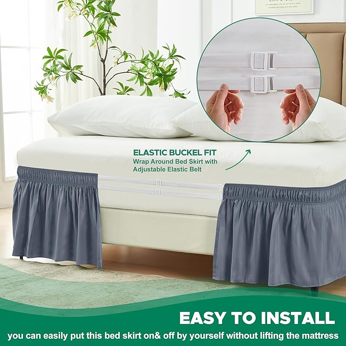Biscaynebay Wrap Around Bed Skirts for King & Cal King Beds 16" Drop, Dark Grey Adjustable Elastic Dust Ruffles Easy Fit Wrinkle & Fade Resistant Silky Luxurious Fabric Solid Machine Washable