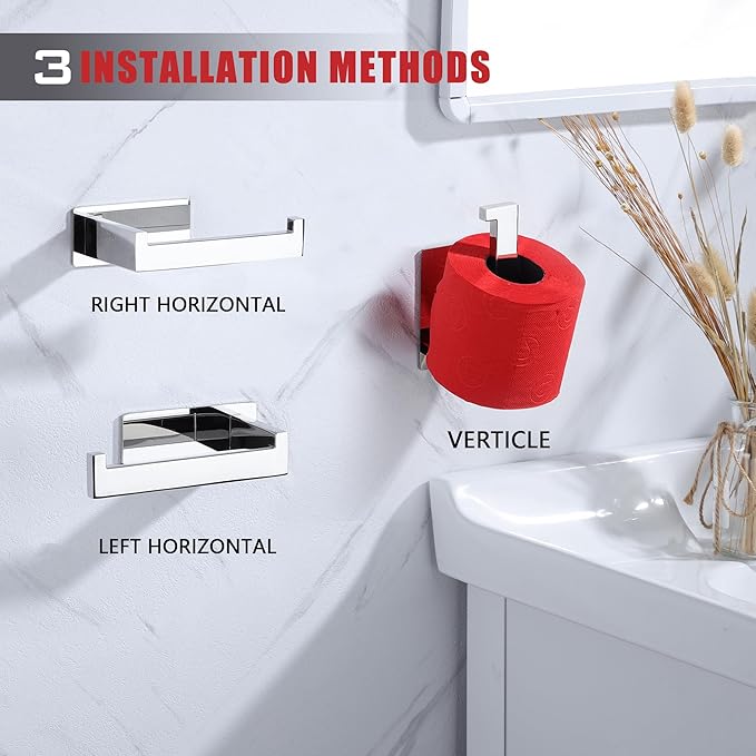LANC Chrome Toilet Paper Roll Holder, Self-Adhesive Tissue Holder Wall Mount for Bathroom Office Stick On Toilet Paper Holder with No Drilling Rustproof Stainless Steel Silver Left Rod, A8307CP-LF