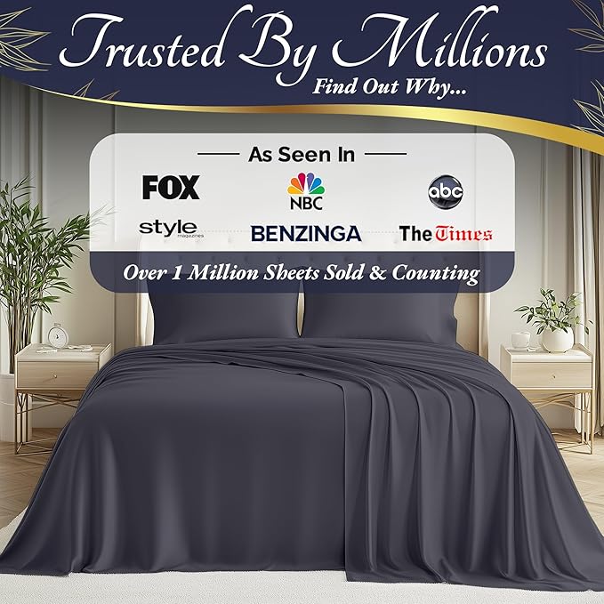 DECOLURE 100% Viscose Derived from Bamboo Sheets King Size 4pcs - Ultra Soft & Luxuriously Cooling, 17" Deep Pocket, Double Stitching, Perfect for Hot Sleepers - King Bed Sheets (Grey)