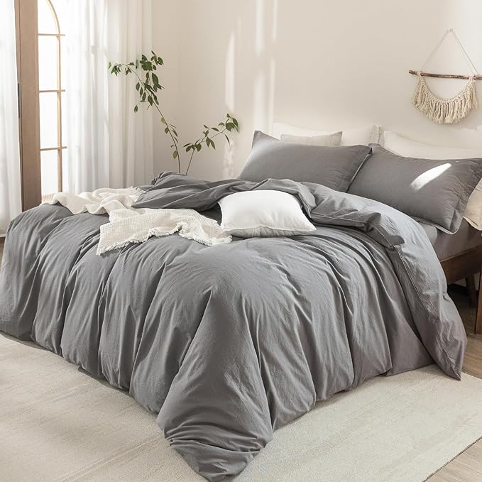 Dark Grey Duvet Cover King Size Bedding Set Cover 100% Washed Cotton Duvet Cover with Zipper Closure and 2 Pillowcases, 104inch x 90inch