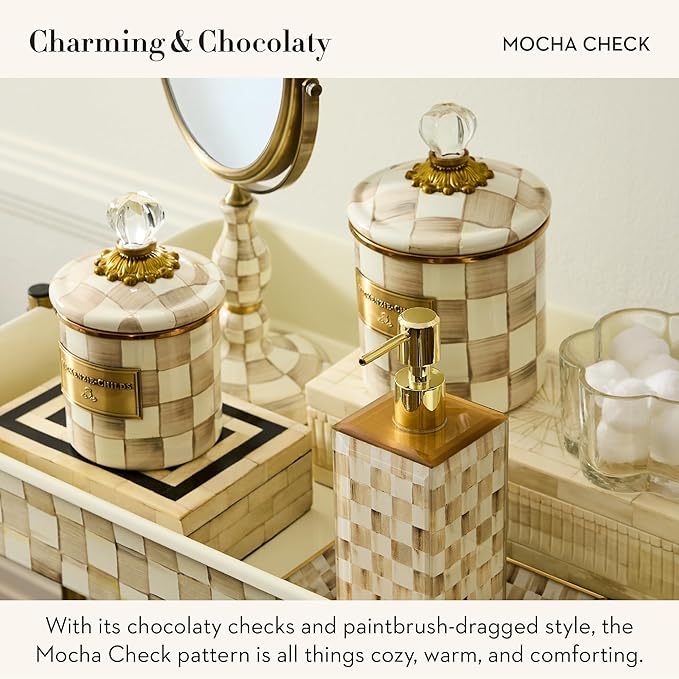 MACKENZIE-CHILDS Glass Soap Pump, Liquid Soap Dispenser, Brown-and-White Mocha Check