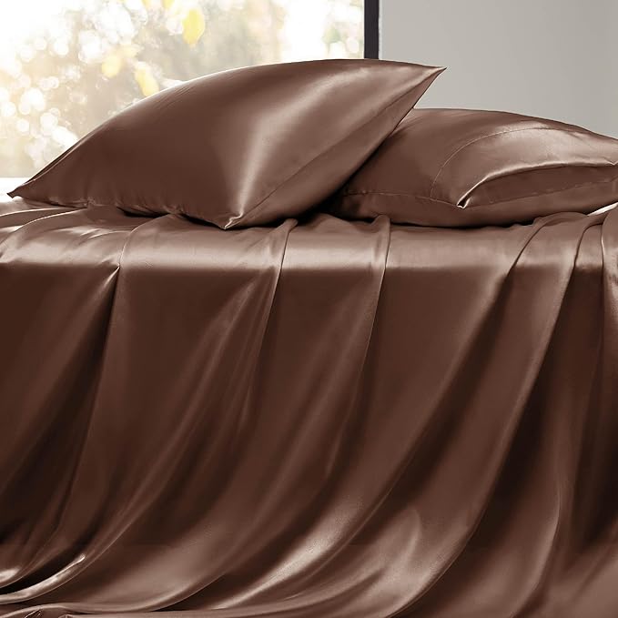 Bedsure Satin Sheets Queen Size - 4 Piece Silky Bedsheets with 15 Inches Deep Pocket Fitted Bedsheet,1 Flat Sheet, 2 Satin Pillowcases, Good for Hair & Skin (Queen, Coffee)