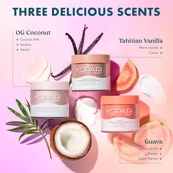 Kopari Ultra Restore Body Butter, Whipped Lightweight Formula, Hyaluronic Acid & Mango Seed Butter, Deep & Long-Lasting Moisture, Guava 7.7 oz