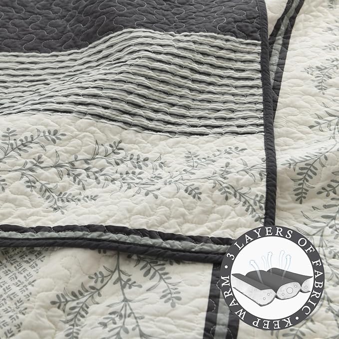 Stripe Quilt King Size - 100% Cotton Lightweight 3 Pieces Bedding Set, Vintage Vine Pattern Quilted Bedspread with 2 Pillowshams, Farmhouse Printed Coverlet for All Season, Green/Gray