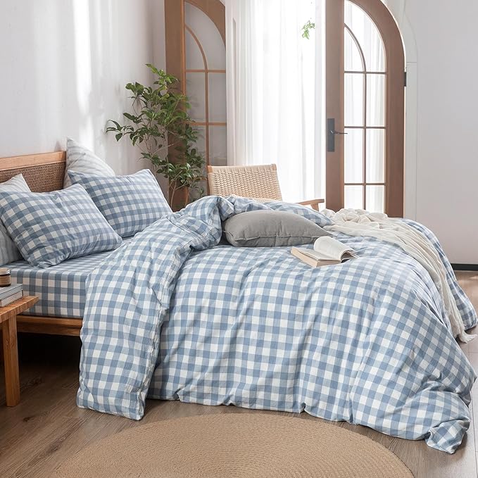 BESTOUCH Duvet Cover Set 100% Washed Cotton Linen Feel Super Soft Comfortable Chic Lightweight 3 PCs Home Bedding Set Cornflower Blue & White Grid Queen