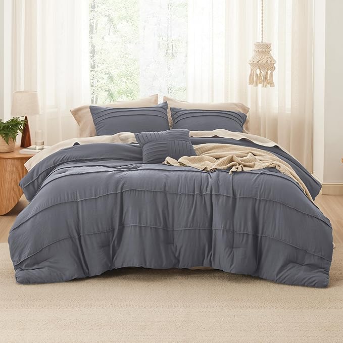 Bedsure King Comforter Set - 4 Pieces Pinch Pleat Bed Set, Dark Grey Boho Bedding for All Season, 1 Soft Comforter, 2 Pillowcases, 1 Decorative Pillow