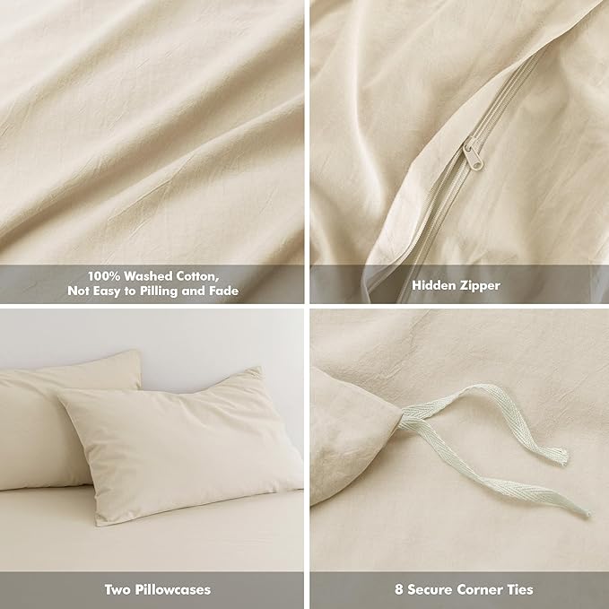 FOSSA Duvet Cover Set 100% Washed Cotton Linen Feel Super Soft Breathable Cozy 3 Pieces Bedding Sets Solid Almond Grey Oversized King