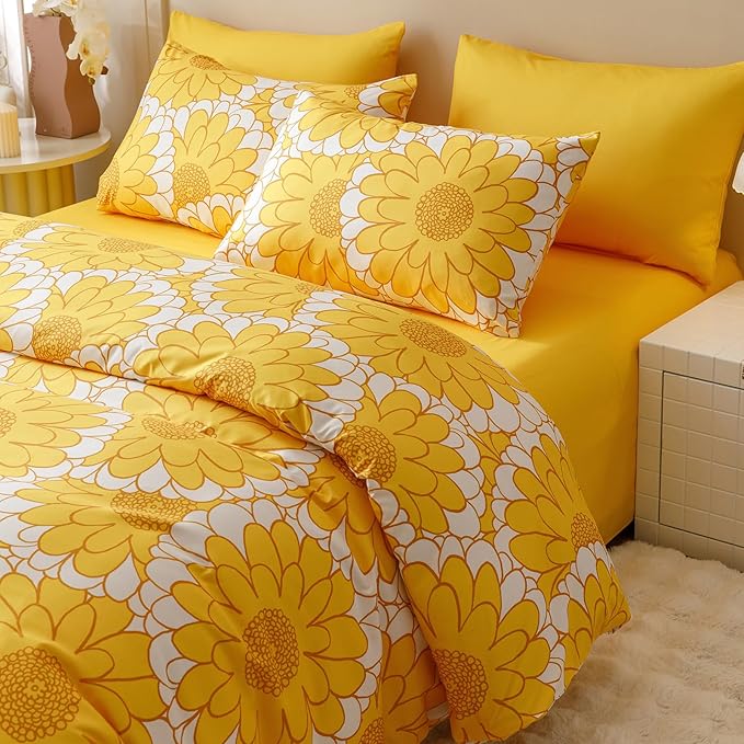 KAREVER Yellow Sunflower Comforter Set Queen Size Yellow Sunflower Bedding Set 3 PCs Comforter Set Queen Size Fluffy Linen Comforter Sets