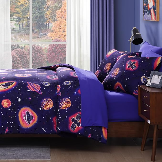 Twin Comforter Set for Boys-5 Pieces Space Rocket Twin Bedding Sets for Kids, Ultra Soft Bed in A Bag with Sheets