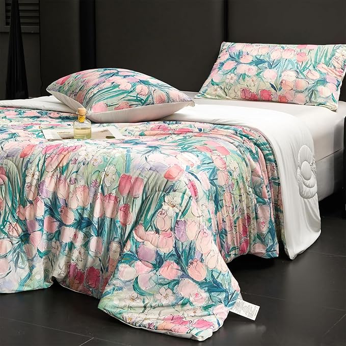 Cyusri Floral Print Cooling Comforter Set 3Pcs Breathable Cool King Size Bedding Set with 2 Pillowcases Pink Tulip Pattern Silky Cold Quilt, 108"x90"