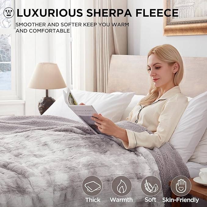 Westinghouse Electric Blanket Queen, Faux Fur Heated Blanket with 10 Heating Levels & 1-12 Hours Auto Off, Soft Cozy Sherpa Heated Blanket Washable Blanket (84" x 90" Queen Size, Light Grey)