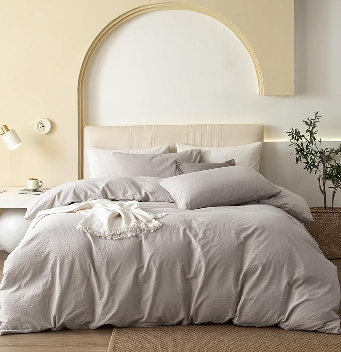 JIYUAN 100% Washed Cotton Duvet Cover Set 3 Pieces Super Queen, 1 Duvet Cover 90x98 Inches(Comforter Not Included) and 2 Pillowcases,Linen Feel Bedding Set Comfy and Breathable, Heathered Cream Grey
