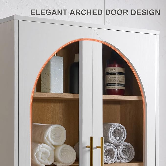 Bathroom Arched Wall Cabinet Over The Toilet Storage Cabinet, 23.6×31.4 Inch Bathroom Medicine Cabinet Wall Mount with Adjustable Shelves & Glass Door, Space Saver Wall Cabinet for Laundry,White