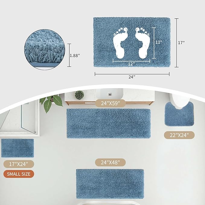 Blue Bathroom Rug 24x36 Non Slip Fluffy Bath Mat for Bathroom Floor Washable Plush Luxury Bath Rug for Tub Soft Shaggy Absorbent Shower Sink Mat