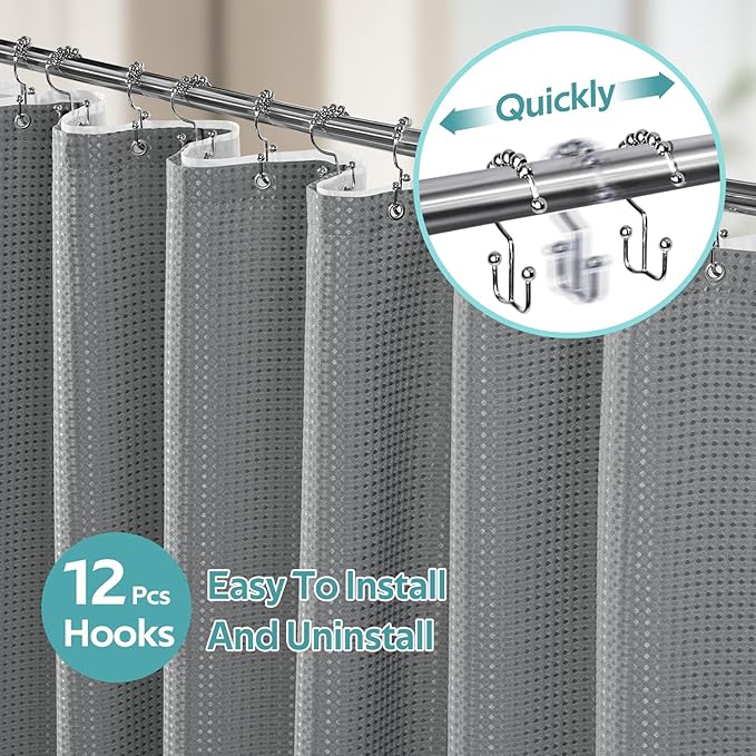 3 in 1 Shower Curtain Set, Waffle Shower Curtain and Liner Set with 12 Double Sided Shower Curtain Hooks, 258GSM Luxury Weighted Cloth Shower Curtains for Bathroom, 72 W x 72 H, Grey
