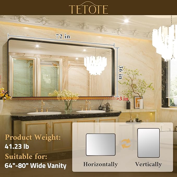 TETOTE 72 x 36 Inch Silver Bathroom Mirror, Rectangle Metal Framed Mirrors for Vanity, Brushed Silver Modern Farmhouse Round Corner Wall Mounted Large Mirror (Horizontal/Vertical)