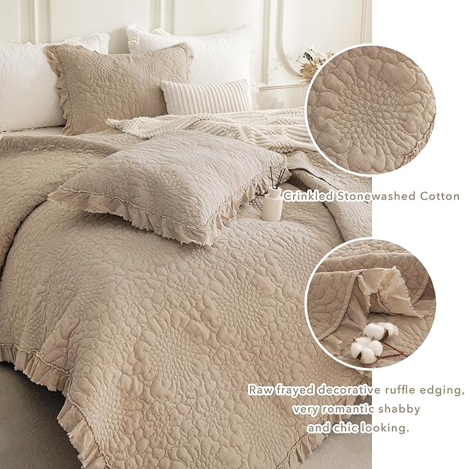 QSH 3PCs Dark Wheat Ruffled Quilt Queen Size (90"x98"),Stonewashed Cotton Quilt Set, Soft Lightweight Crinkled Bedspread Coverlet Queen Shabby Farmhouse Chic Bedspreads Bedding Set with Pillow Shams