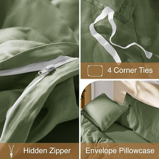 SONORO KATE 100% French Linen Duvet Cover Queen Size, Soft Breathable for Hot Sleepers, Moisture Wicking & Durable Cover Set - Zipper Closure & 4 Corner Ties Duvet Covers 3 Piece (Olive Green,Queen)
