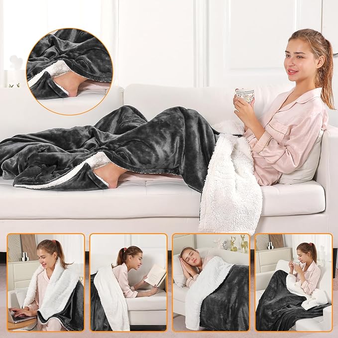 Heated Blanket Electric Throw 52"X60",Electric Blanket with Foot Pocket,6 Heat Settings & 1-10 Hours Time Settings Auto-Off,Machine Washable Heating Blanket for Home and Office (Gray)