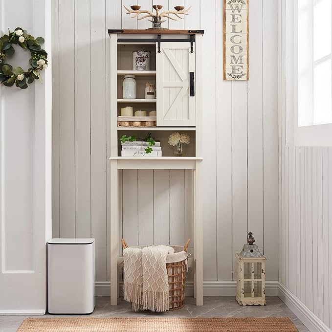 RedLemon Farmhouse Over The Toilet Storage Cabinet Set of 2, 68" Tall with Sliding Barn Doors & Adjustable Shelves, Rustic Above Toilet Storage Cabinet, Antique White