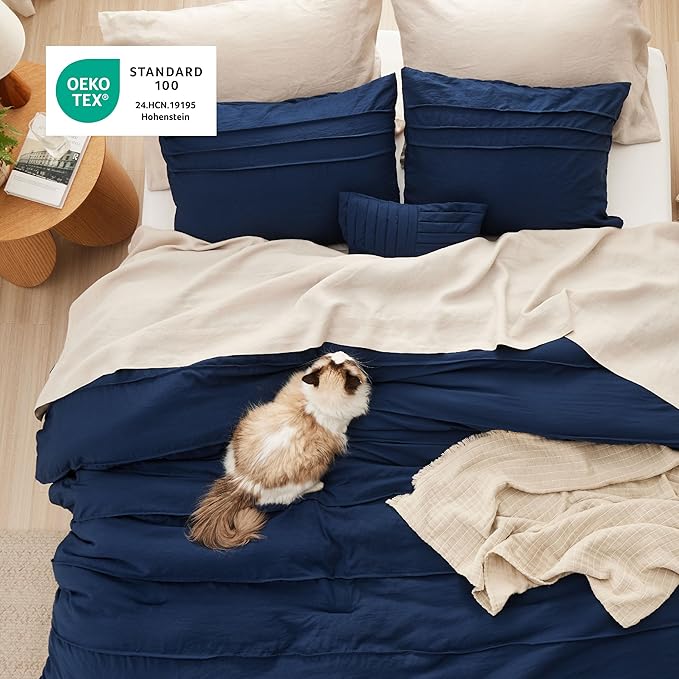 Bedsure King Comforter Set - 4 Pieces Pinch Pleat Bed Set, Navy Blue Boho Bedding for All Season, 1 Soft Comforter, 2 Pillowcases, 1 Decorative Pillow
