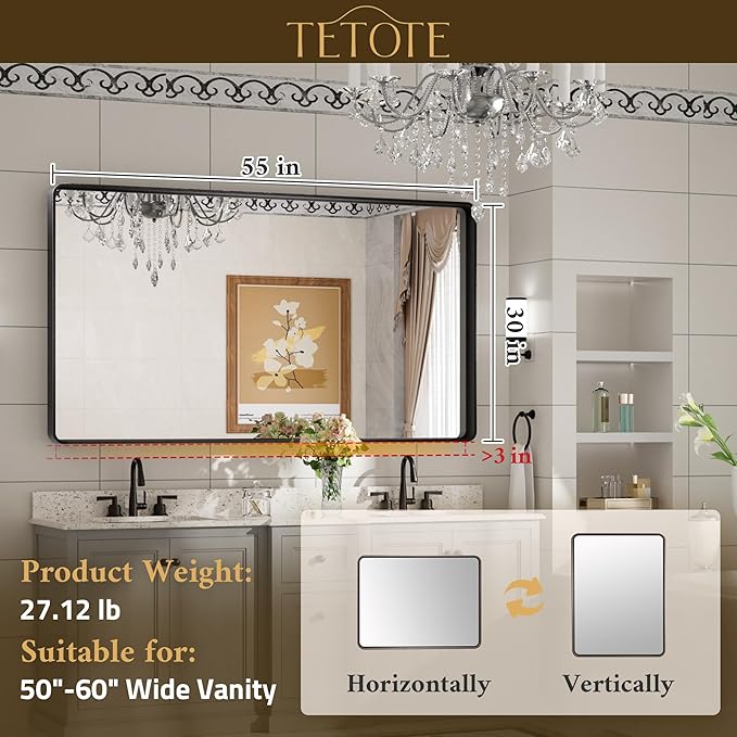 TETOTE 55 x 30 Inch Bathroom Mirror, Brushed Gold Metal Framed Wall Mounted Mirrors, Brushed Brass Rectangle Modern Decorative Vanity Mirror (Horizontal/Vertical)