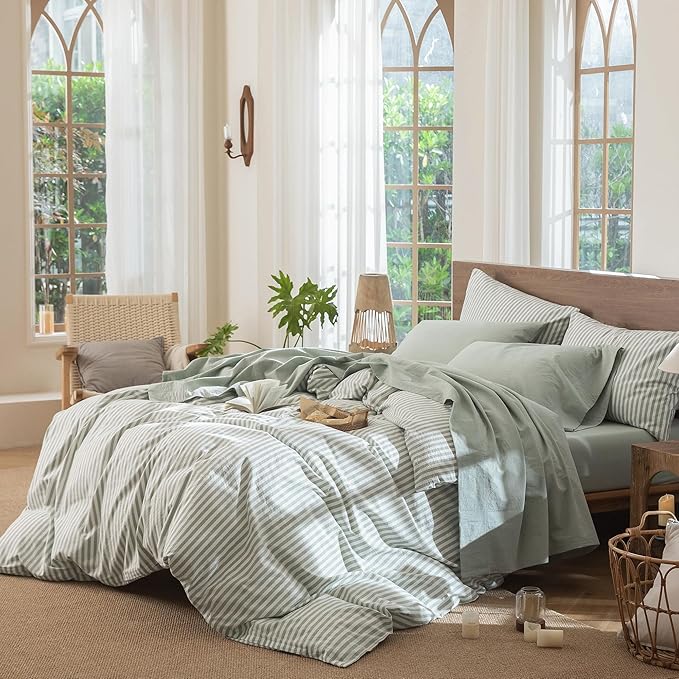 MooMee Bedding Sheet Set 100% Washed Cotton Linen Like Textured Breathable Durable Soft Comfy (Heathered Sage Green, Queen)
