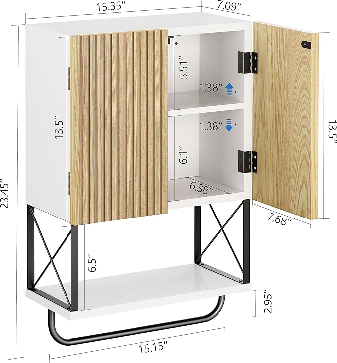 Bathroom Wall Medicine Cabinet, Fluted Hanging Wall Mounted Cabinet with Towel Bar, Above Toilet Storage Cabinet for Bathroom Organizers and Storage, White