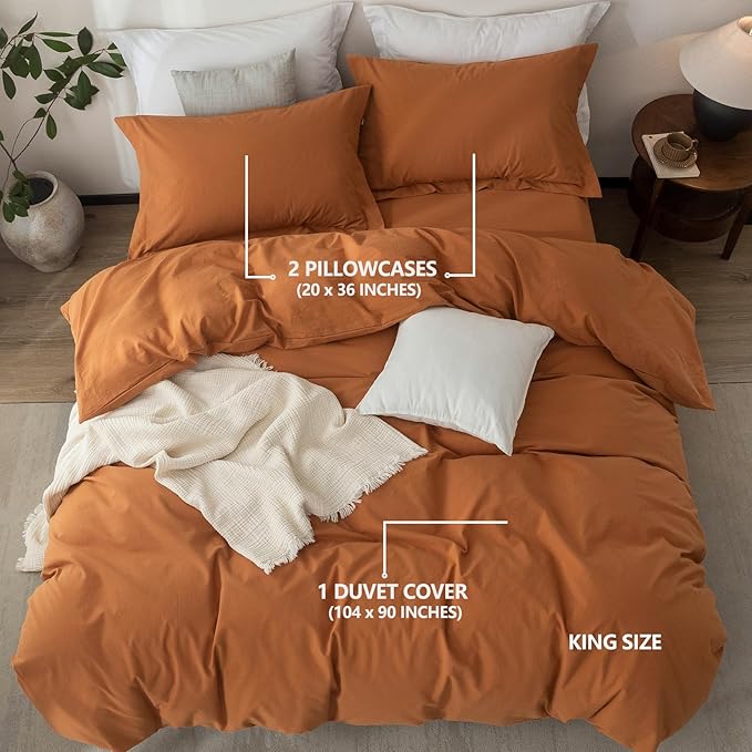 Linen Feel Duvet Cover King Size 104inch x 90inch,100% Washed Cotton Duvet Cover with Zipper Closure and 2 Pillowcases, Color of Burnt Orange